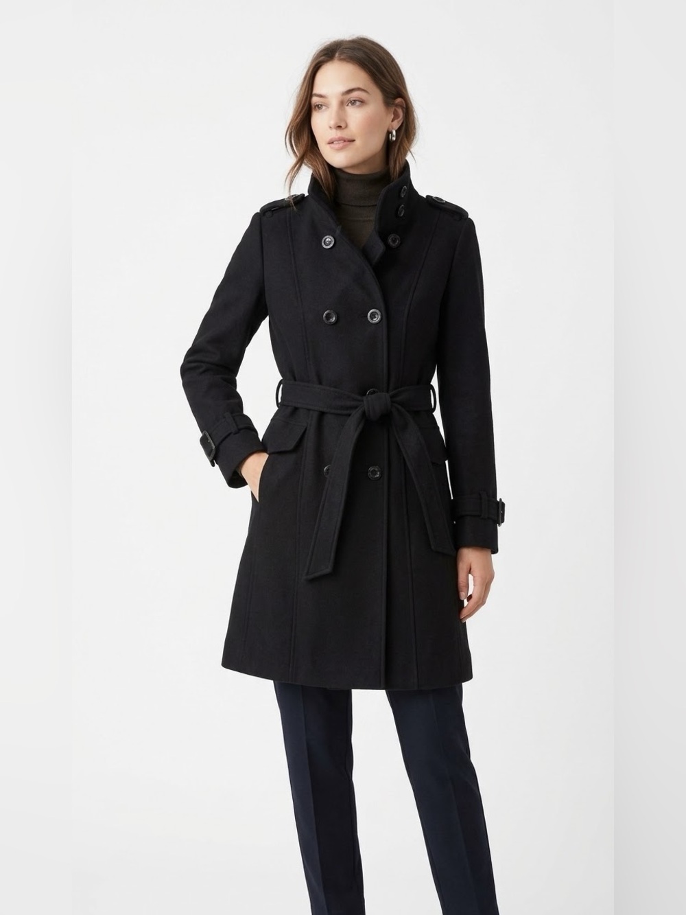 Wool-Blend Black Double-Breasted Trench Coat